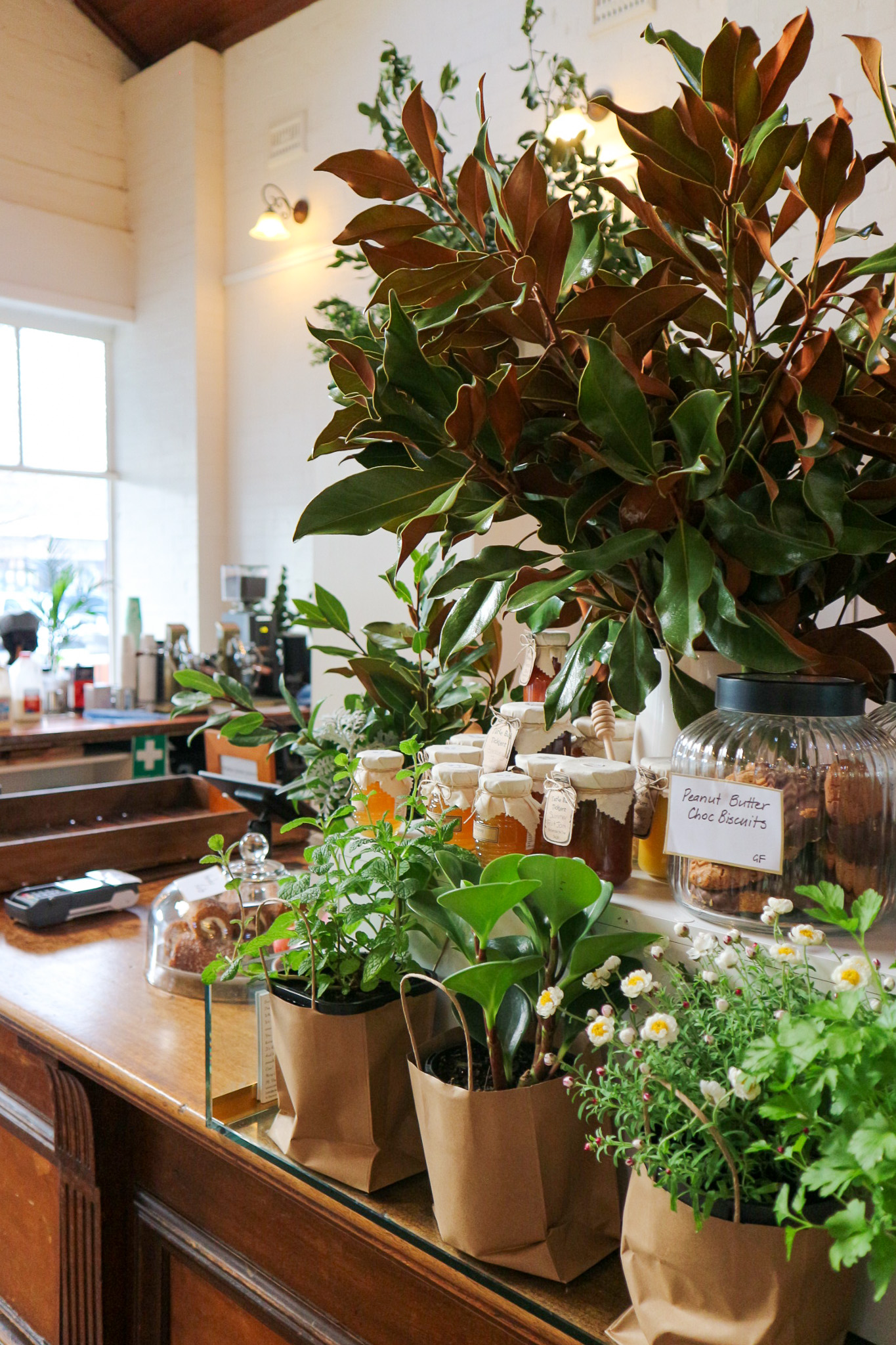 Jars of honey and jam, gluten-free biscuits and potted herbs in kraft bags along the counter