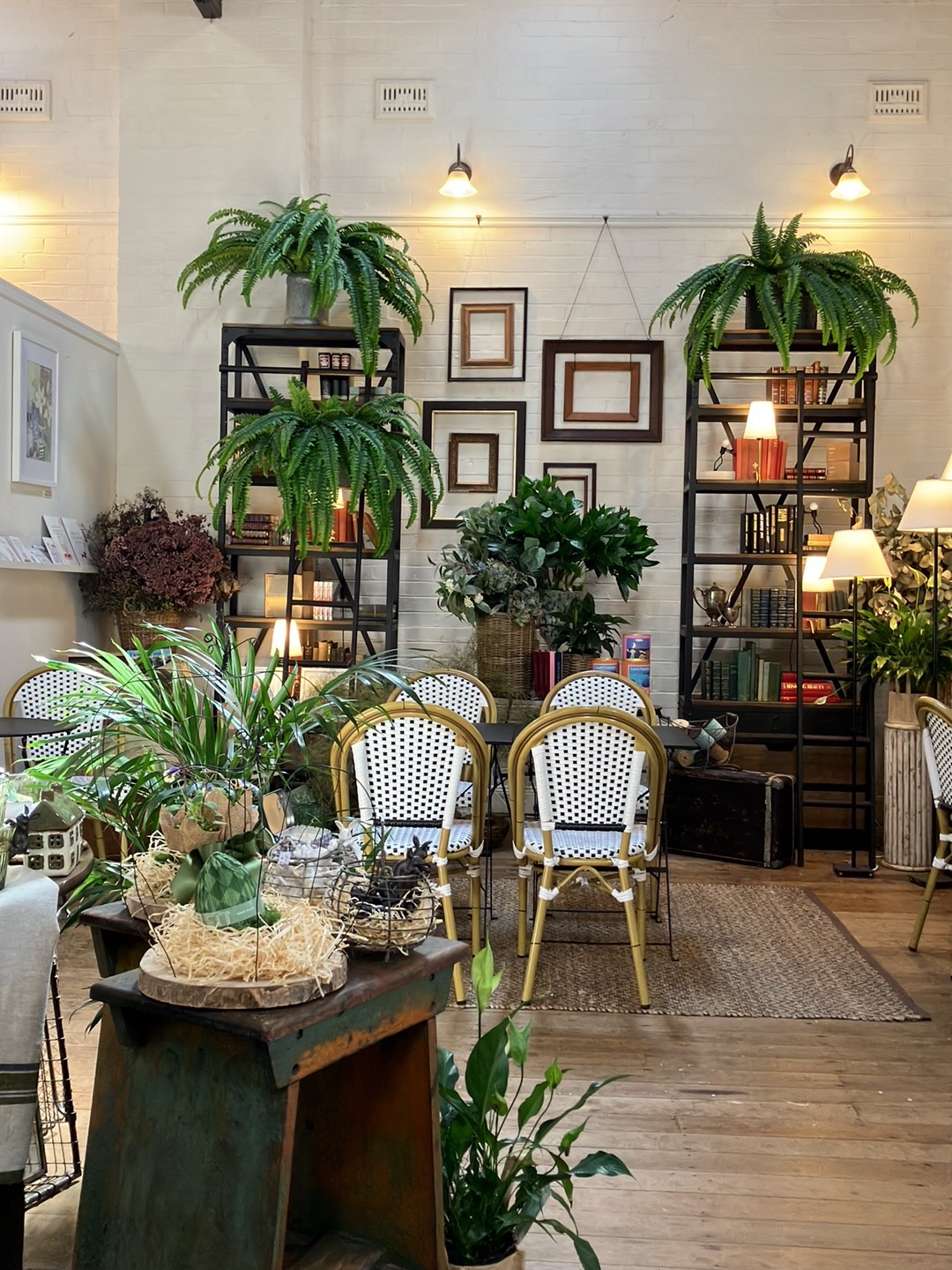 A styled corner with black shelving, ferns and empty frames on white brick